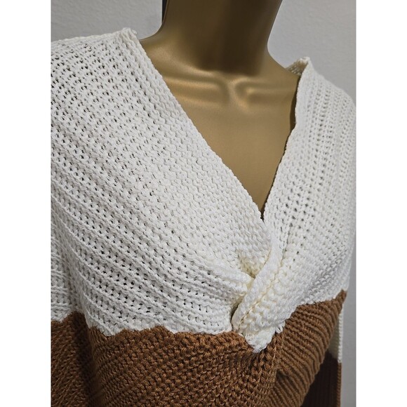 Chunky Knit Cream Tan Green Twist Crop Sweater Womens Lg Deep V Colorblock Boho - Picture 2 of 6